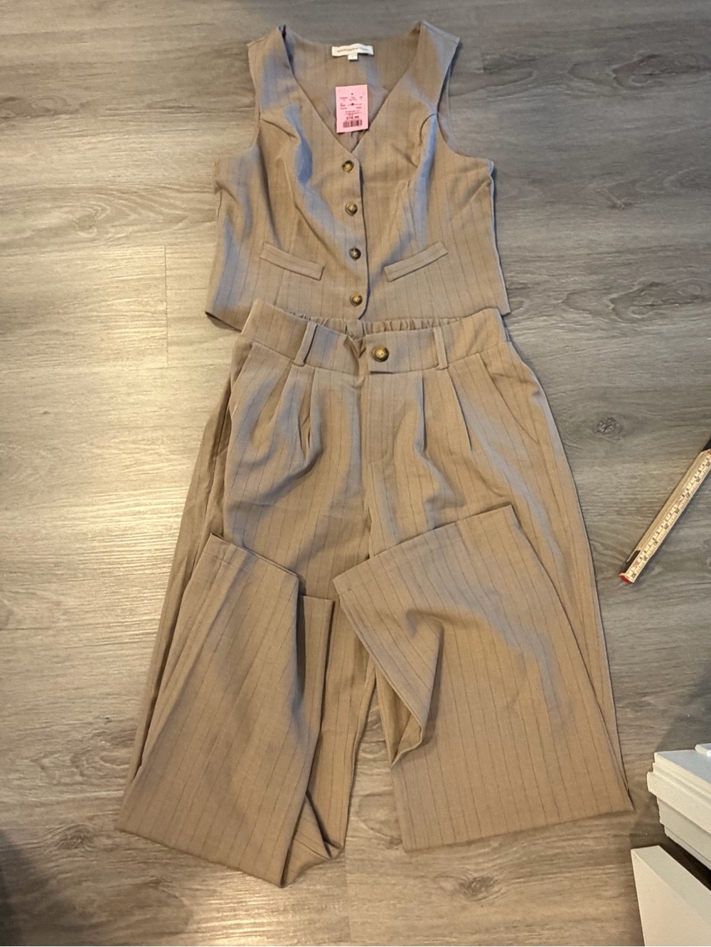 Tailored Wide-Leg Pinstripe Pants in Beige